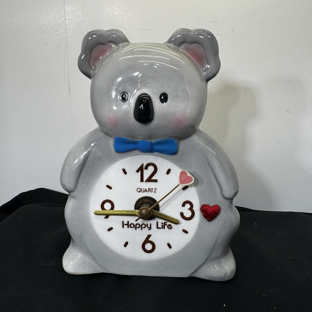 Vintage Quartz Koala Clock Figurine Hand Painted "Happy Life" Japan Works Tested